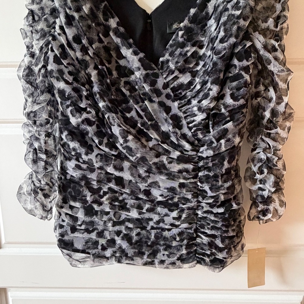 Tadashi Shoji Black & White Sheer Leopard Print Ruffle Wrap Blouse - Picture 4 of 12
